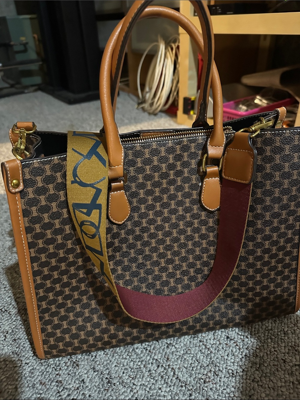 Designer-Inspired Brown Patterned Tote Bag with Tan Trim